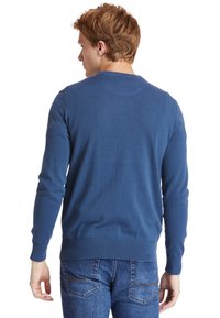 Maglione azzurro a maglia con scollatura rotonda e polsini e orlo a costine. Indossato con jeans blu, mostrando una trama liscia.