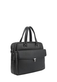 Black textured leather briefcase with dual handles, front flap pocket with clasp, and dual zippered main compartments.