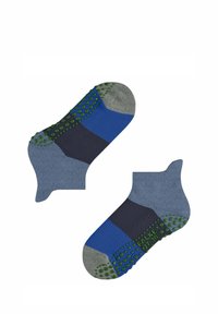Chaussettes de cheville colorées avec un mélange de nuances de bleu, de gris et de vert, dotées d'un motif de grip texturé sur la semelle et d'une finition en tissu lisse.