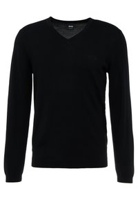 Svart långärmad V-ringad tröja i mjukt stickad tyg, med en subtil logotyp på bröstet, ribbade ärmslut och en figurnära passform.