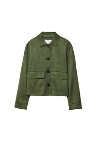Veste en daim vert avec un col, une fermeture à boutons sur le devant et deux grandes poches. Caractérisée par des manches longues et une coupe courte. Texture douce.