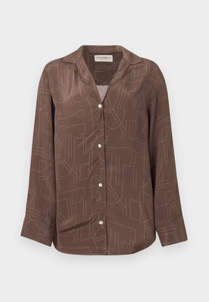 Pruun pikkade varrukatega nööbitav särk abstraktsete heledate täpiliste joonemustrite ja terava kraega ühevärvilisel taustal.