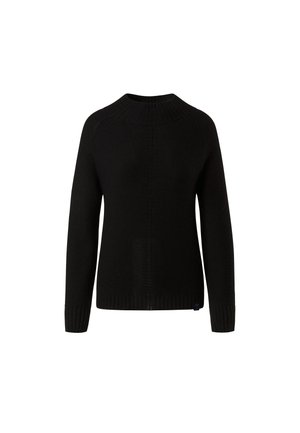 Maglione nero lavorato a maglia con scollo a girocollo, maniche lunghe, polsini e orlo a coste, realizzato in un tessuto testurizzato con dettagli laterali discreti.
