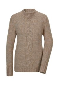 Beige Strickpullover. Mit hohem Kragen, langen Ärmeln und geripptem Saum. Hergestellt aus weichem, strukturiertem Garn für einen gemütlichen Look.