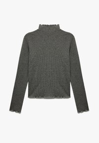 Grau langärmliges Rollkragenoberteil aus strukturiertem Strick, mit fransigem Saum und rüschenartigen Kragendetails, in einer taillierten Silhouette.