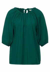 Blusa verde a maniche corte con scollo arricciato e dettaglio a chiave sul retro. Tessuto morbido con una vestibilità rilassata e polsini elasticizzati.