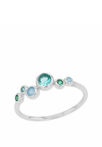 Anillo de plata con diversas piedras redondas de diferentes tamaños, incluyendo tonos de teal, turquesa y verde, con una banda suave y un acabado pulido.