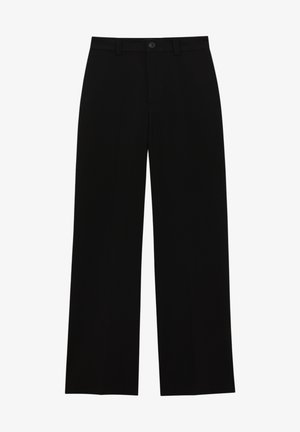 Schwarze, hochtaillierte, weit geschnittene Hosen aus glattem Material, mit flacher Vorderseite, Knopfverschluss und ohne sichtbare Taschen.