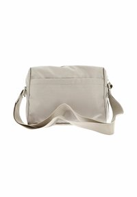 Beige Stoff-Umhängetasche mit rechteckiger Form, verstellbarem Tragenriemen und einem einzigen Reißverschlussfach. Strukturiert Oberfläche mit minimalen Details.