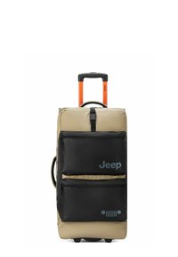 Valigia con corpo in tessuto beige e tasche frontali nere. Dotata di maniglia di estrazione arancione, logo Jeep e superficie testurizzata.