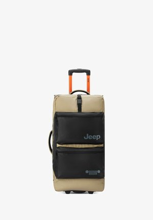 Valigia con corpo in tessuto beige e tasche frontali nere. Dotata di maniglia di estrazione arancione, logo Jeep e superficie testurizzata.