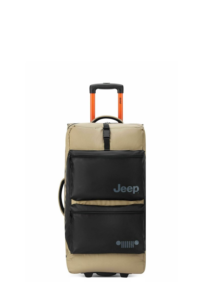 Valigia con corpo in tessuto beige e tasche frontali nere. Dotata di maniglia di estrazione arancione, logo Jeep e superficie testurizzata.