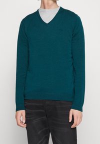 Zielona, długa bluzka z dekoltem w serek wykonana z miękkiego materiału, z prążkowanymi mankietami i dołem. Nosi się ją na szarym T-shircie z okrągłym dekoltem.