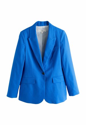 Lyseblå blazer med en enkelt knap, hakkede revers og to forlommer med klapper, lavet af linstof.