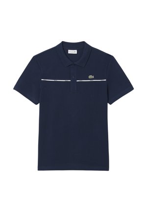 Navy polo shirt van katoen met een kraag, korte mouwen en een witte horizontale streep met het merklogo op de linkerborst.