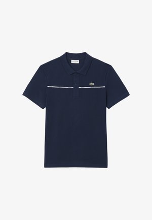 Navy polo shirt van katoen met een kraag, korte mouwen en een witte horizontale streep met het merklogo op de linkerborst.
