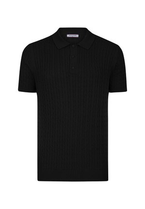 Polo de punto negro con textura acanalada, tapeta de tres botones y un diseño de cuello clásico. Mangas cortas y ajuste ceñido.
