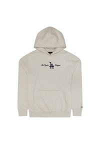 Hoodie cinza claro feito de tecido suave, com um bolso frontal, mangas longas e capuz com cordão. Logotipo "Los Angeles Dodgers" em azul-marinho.