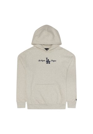 Lysegrå hoodie lavet af blødt stof, med en frontlomme, lange ærmer og hætte med snoretræk. "Los Angeles Dodgers" logo i marineblå.