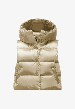 Beige quilted puffer vest featuring a high collar, two side pockets, and a smooth, shiny texture. Zipper and snap button closure.