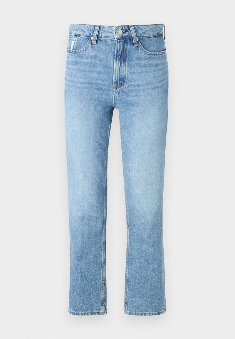 Hellblaue Jeans aus Denim mit hohem Bund, geradem Bein, dezentem Ausbleichen und einem Reißverschluss mit einem Metallknopf am Bund.