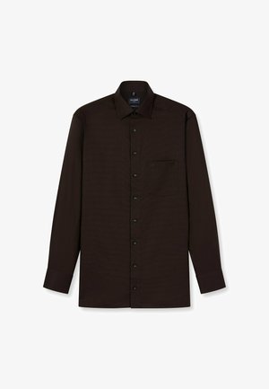 Braunes Langarmhemd mit strukturiertem Muster, Knopfverschluss, Kragen und einer Brusttasche. Mit schwarzen Knöpfen und tailliertem Schnitt.