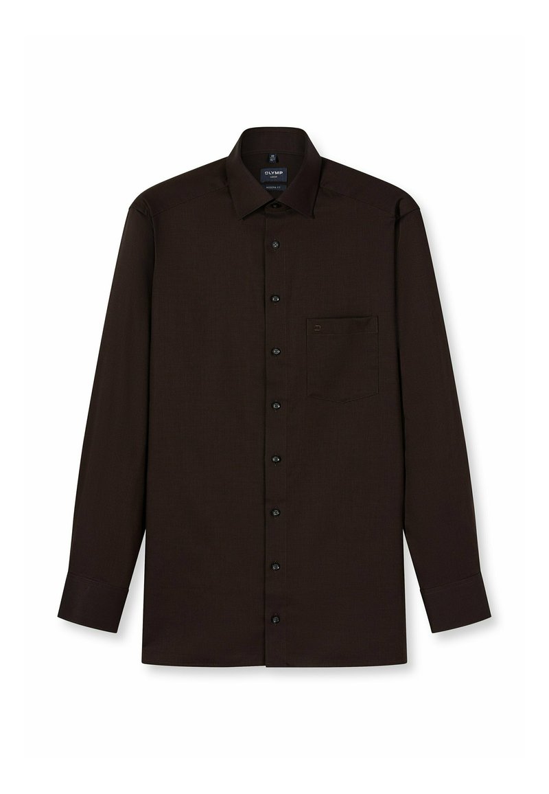 Bruine lange mouw shirt met een textuurpatroon, knoopsluiting, kraag en een borstzak. Heeft zwarte knopen en een getailleerde pasvorm.