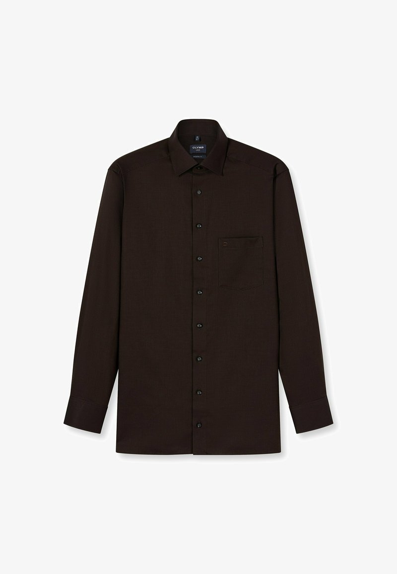 Bruine lange mouw shirt met een textuurpatroon, knoopsluiting, kraag en een borstzak. Heeft zwarte knopen en een getailleerde pasvorm.