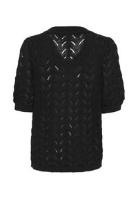 Pull noir en maille à manches courtes avec col en V et motif en zigzag ajouré. Texture douce et détail de bord-côte au bas.