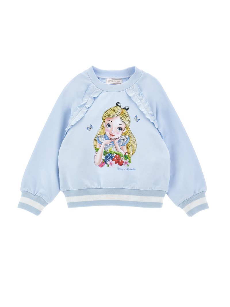 Sudadera azul claro con ribete en el dobladillo y los puños, que presenta un diseño impreso de personajes con flores coloridas y mariposas. Textura suave.