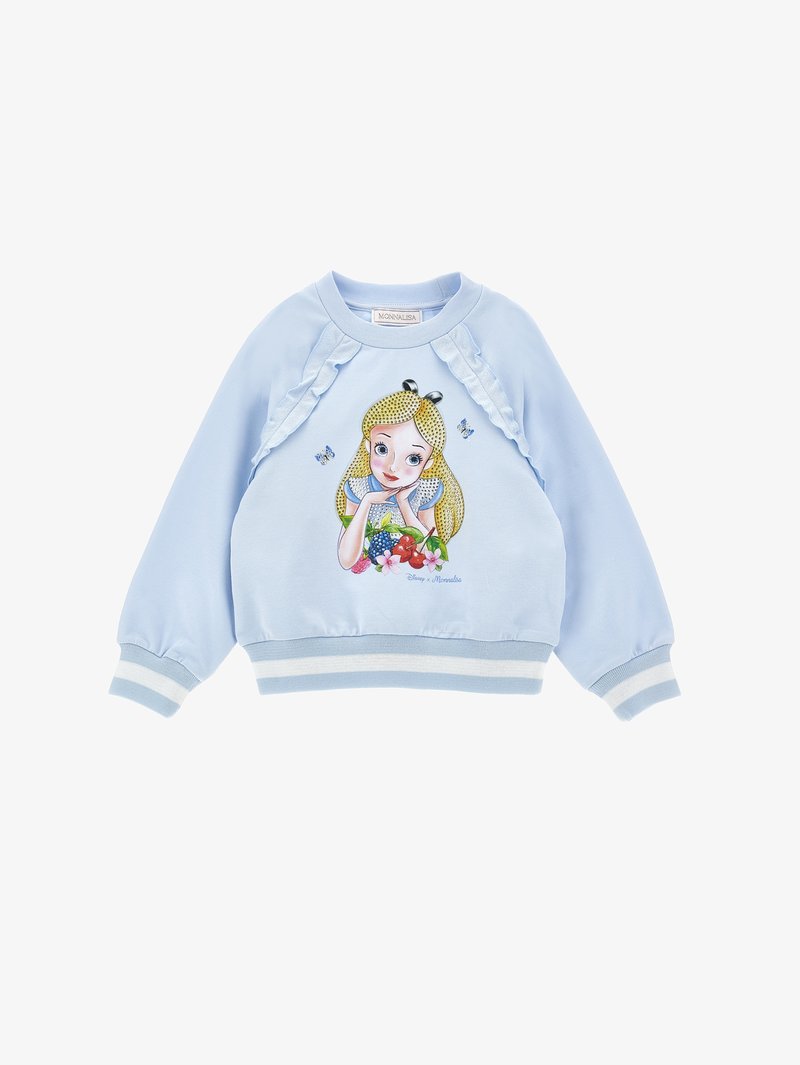 Light blue sweatshirt with a ribbed hem and cuffs, featuring a printed character design with colorful flowers and butterflies. Soft texture.