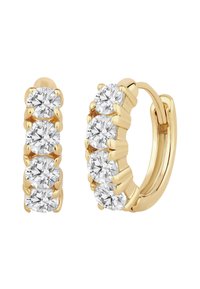 Boucles d'oreilles créoles en or ornées de cinq pierres rondes en zirconium cubique clair, montées en griffes, créant une finition lisse et polie.