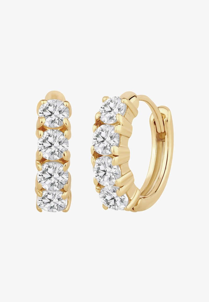 Boucles d'oreilles créoles en or ornées de cinq pierres rondes en zirconium cubique clair, montées en griffes, créant une finition lisse et polie.