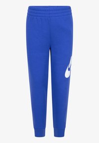 Modre trenirke iz mehkega materiala, ki imajo bel Nike logo na levem nogavici ter elastičen pas s rebrastimi manšetami.
