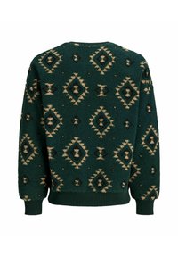 Pull en polaire vert avec une surface texturée, orné d'un motif géométrique en losanges beiges et vert foncé, avec des poignets et un ourlet côtelés.