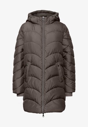 Dunkelbraune gepolsterte Jacke mit Kapuze, ausgestattet mit einem Reißverschluss vorne, zwei seitlichen Taschen und einem gesteppten Muster zur Isolierung.