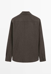 Long-sleeve brown shirt made of textured fabric, featuring a standard collar, button cuffs, and a straight hem with no visible branding.