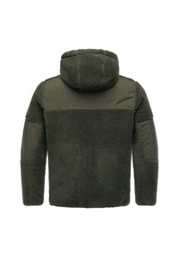 Grønn jakke med en teksturert fleece-kropp og glatte stoffsleting og hette. Designet har en ribbestrikket krage og sømløs bak.