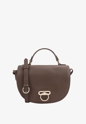 Sac à bandoulière en cuir marron avec une forme arrondie, quincaillerie dorée, une poignée supérieure et une bandoulière réglable. Surface texturée avec des coutures soignées.