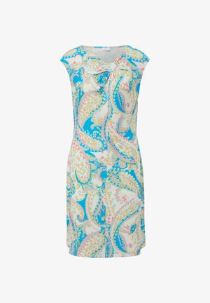 Jurk gemaakt van lichtgewicht stof met een blauw, roze en gele paisleypatroon, voorzien van een strikdetail aan de voorkant en kapmouwen.