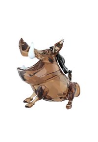 A crystalline figurine of a pig, brown transparent material, large white tusks, black accents for hair, and a playful pose with legs extended.