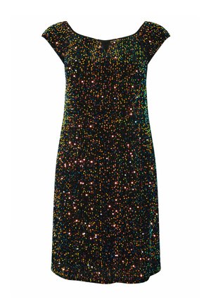 Schwarzes Kleid, verziert mit mehrfarbigen Pailletten, mit weitem Ausschnitt und Kurzärmeln. Glatte Textur, knielanges Design und figurbetonte Silhouette.