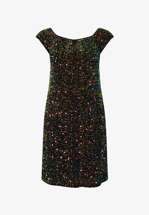 Black dress adorned with multicolored sequins, featuring a wide neckline and cap sleeves. Smooth texture, knee-length design, and fitted silhouette.