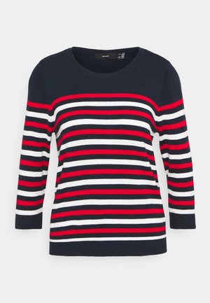 Suéter azul marino con rayas horizontales rojas, blancas y negras, cuello redondo y mangas largas.