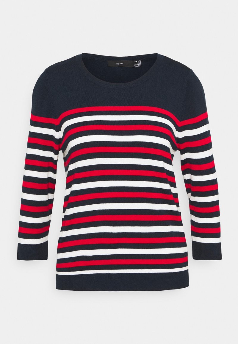 Pull bleu marine avec des rayures horizontales rouges, blanches et noires, col rond et manches longues.