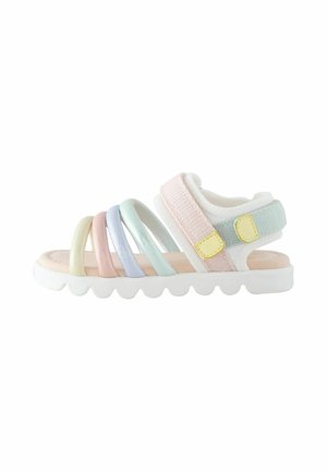 Pastel-colored sandal with multiple soft straps in pink, blue, and mint. Features a cushioned footbed and a white, textured rubber sole.
