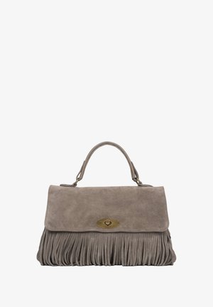 Gray suede handbag with fringe detailing on the bottom, flat top flap, and a brass turn-lock closure. Features a single top handle.