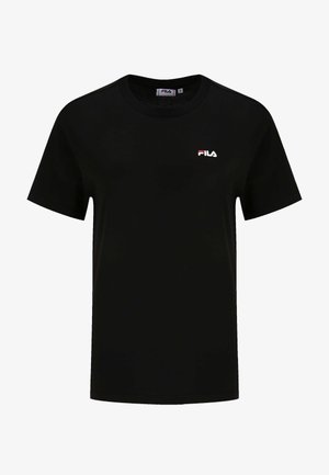 T-shirt nera a maniche corte in cotone con colletto girocollo. Presenta un piccolo logo "FILA" rosso e bianco sul lato sinistro del petto.