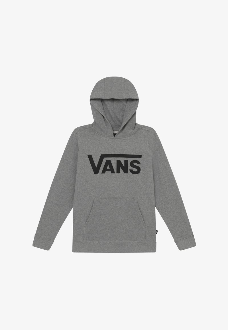 Szara bluza z kapturem wykonana z bawełnianej mieszanki tkanin. Posiada przednią kieszeń oraz wyraźne czarne logo "VANS" na klatce piersiowej.