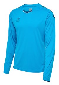 Niebieska sportowa koszulka z długim rękawem z logo Hummel na piersi i wzorami w kształcie jodełki na ramionach, zaprojektowana do użytku sportowego.